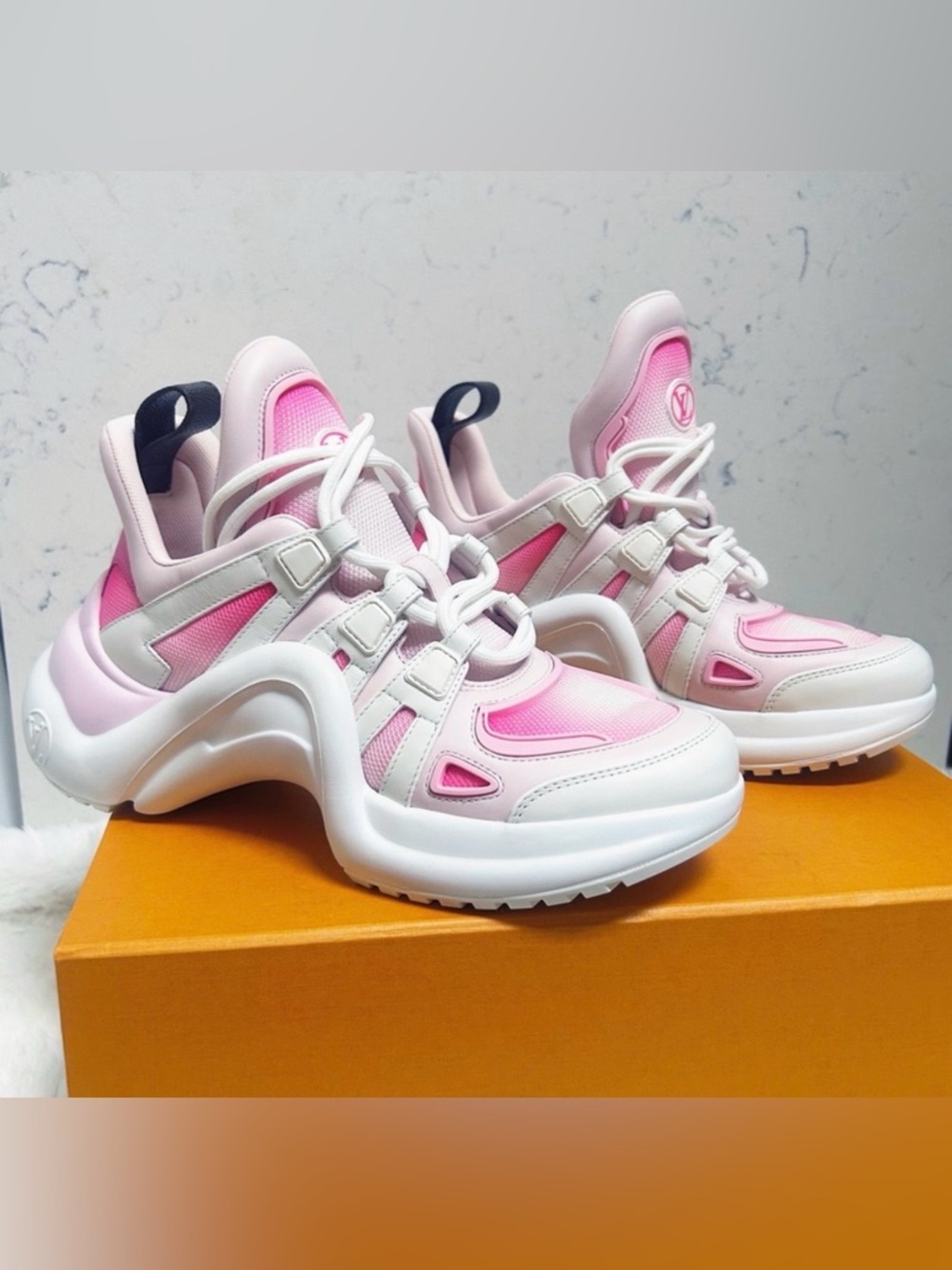 Louis Vuitton Pink and White Archlight-Style Lace-Up Sneakers - Picture 4 of 10